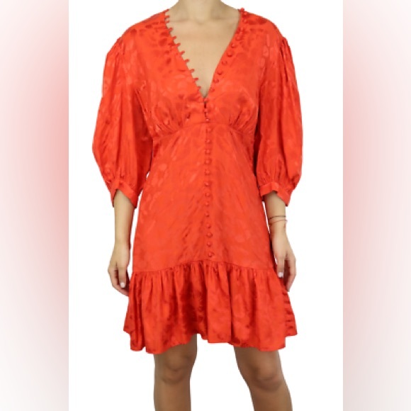 Sandro Azelie Red Floral Jacquard Silk Blend Dress Cropped Puff Sleeves V-Neck 0 - Picture 11 of 12